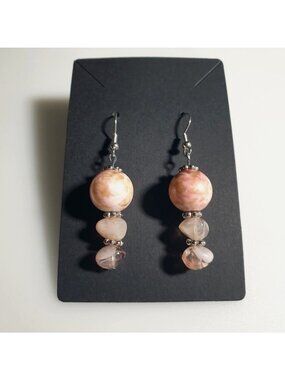 Pink Marble Beaded Dangle Earrings Lightweight Hook Style Handmade Jewelry Gift